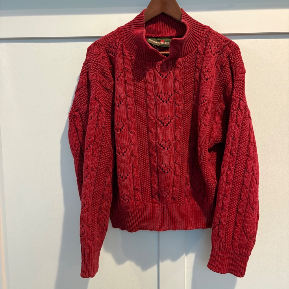 Vtg Outback Red Sweater Womens Medium Red Cable Knit Pointelle Mock Neck